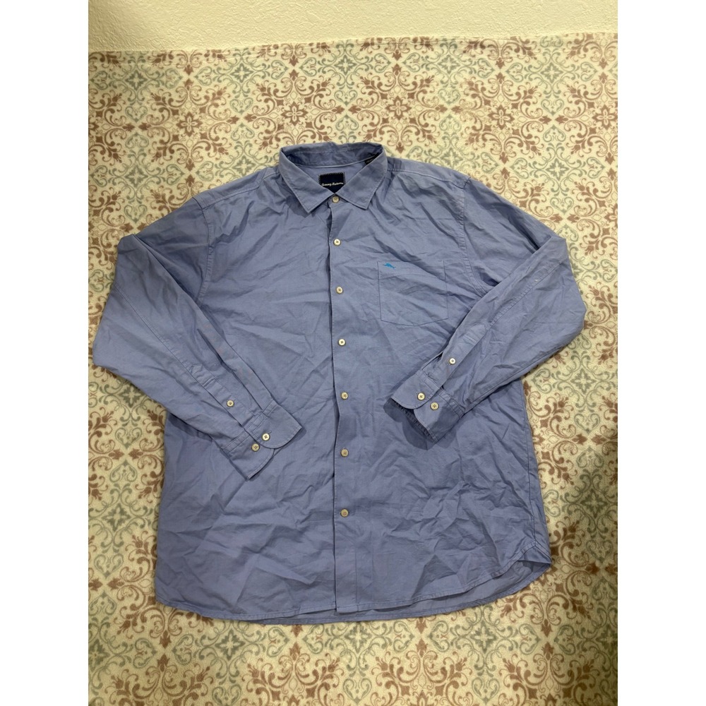 Tommy Bahama Mens XL Blue Cotton Silk Blend Long Sleeve Button Down Shirt Marlin